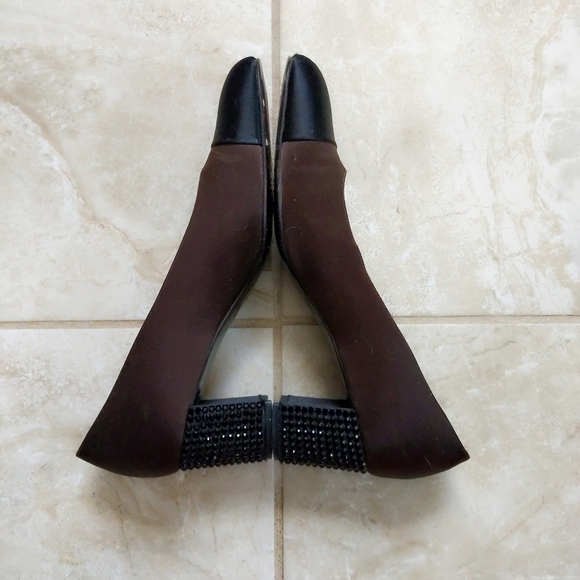 Ernesto Esposito Bicolor Brown Black Cap Toe Satin Jeweled Block Heels 38 7.5 - Picture 4 of 7